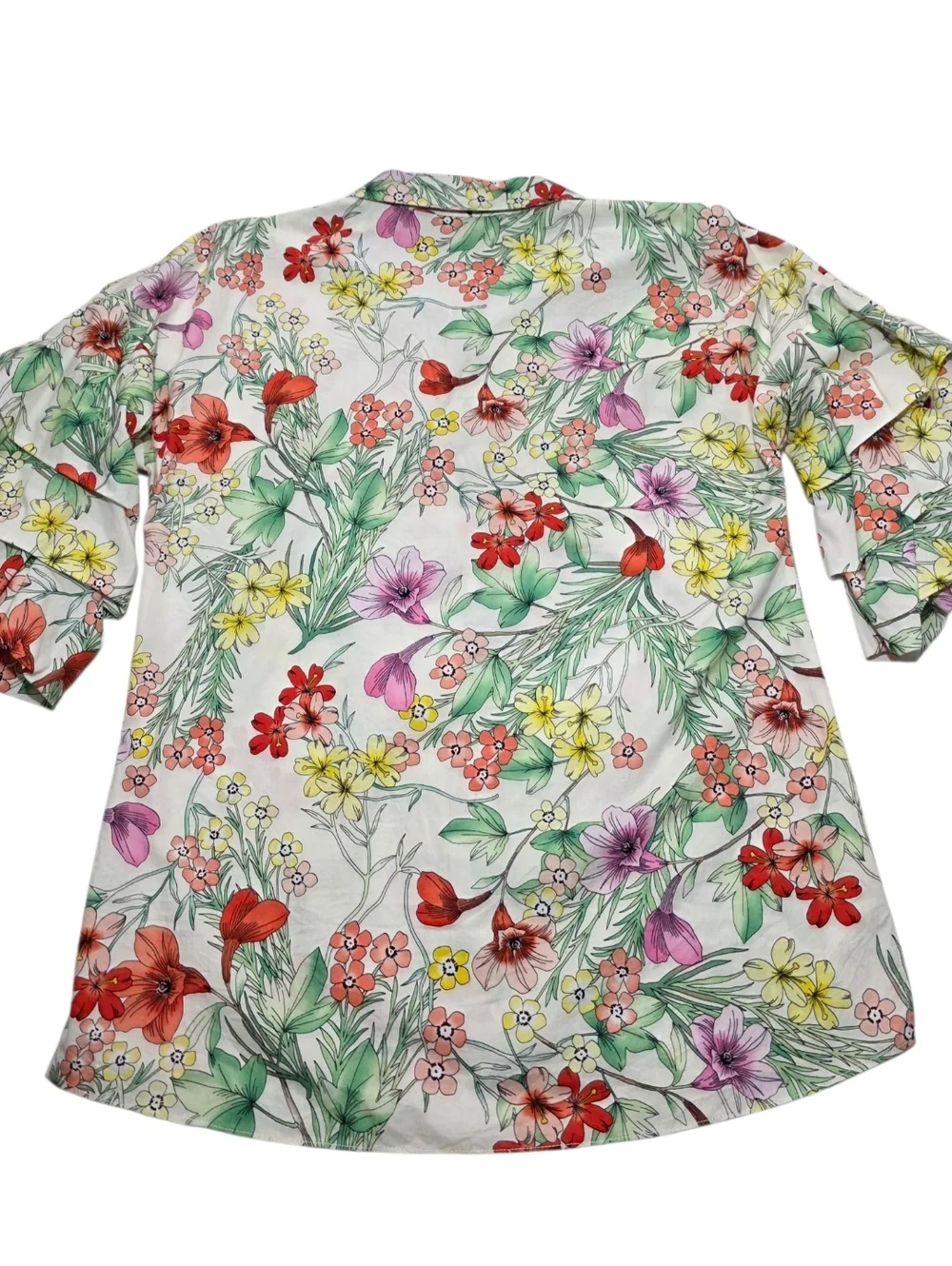 Zara Woman Colorful Botanical Print Blouse With Tiered Puff Sleeves Size Small